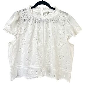 Jennifer & Grace‎ White Eyelet Palm Tree Ruffle Mock Neck Blouse Top Size XL